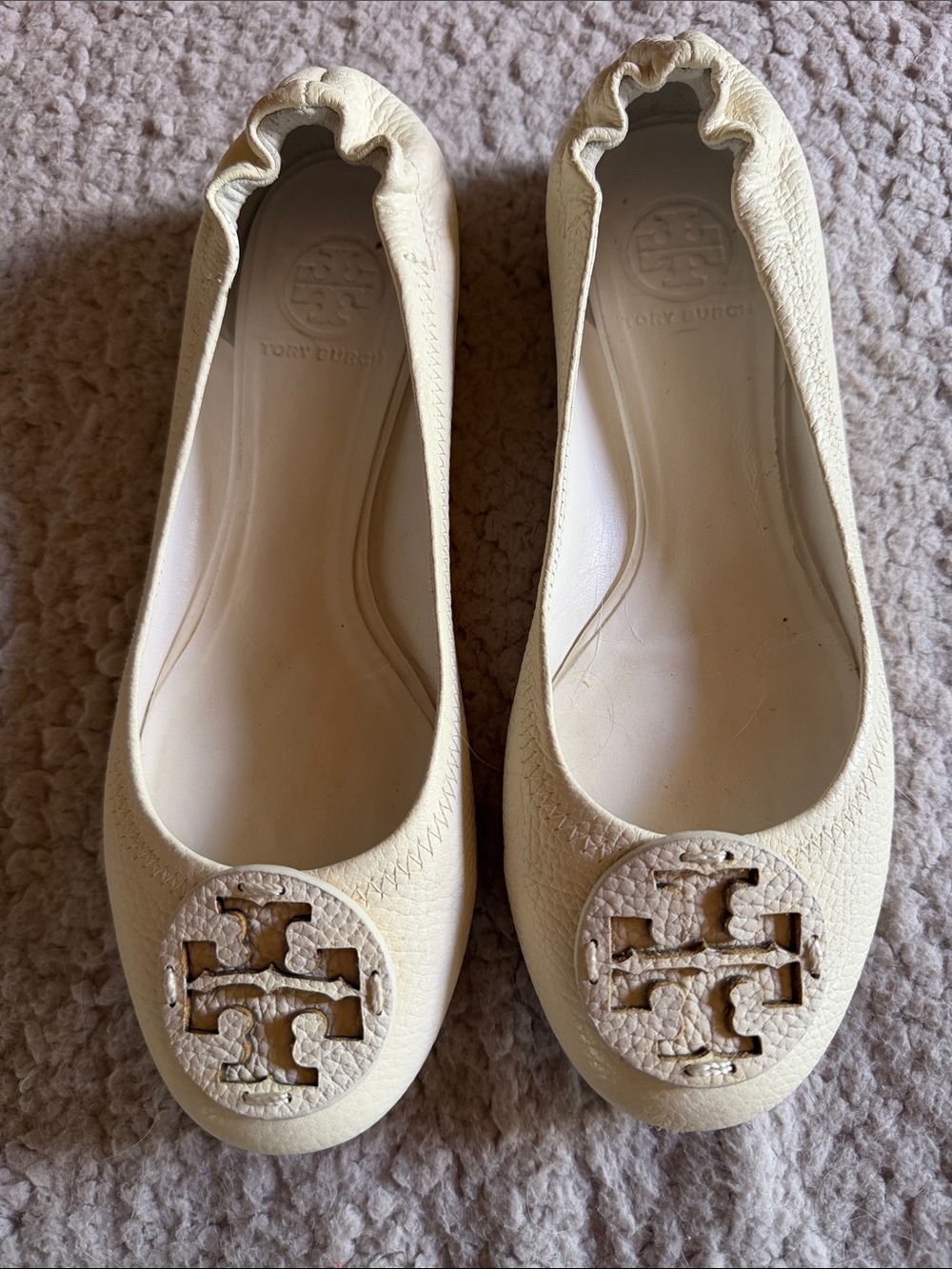 Tory Burch Ivory Leather Logo Ballet Flats